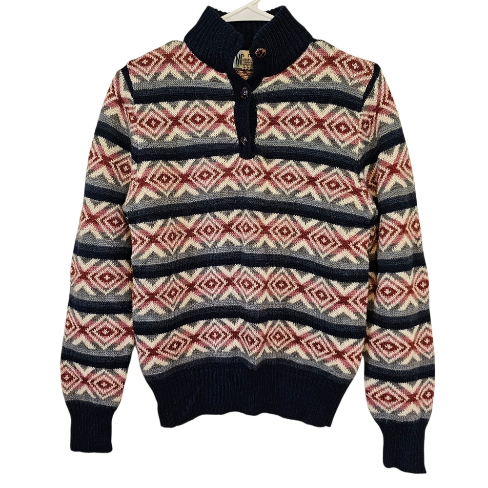 Vintage Henley Wool Blend Pullover Southwestern Striped Collar Sweater
